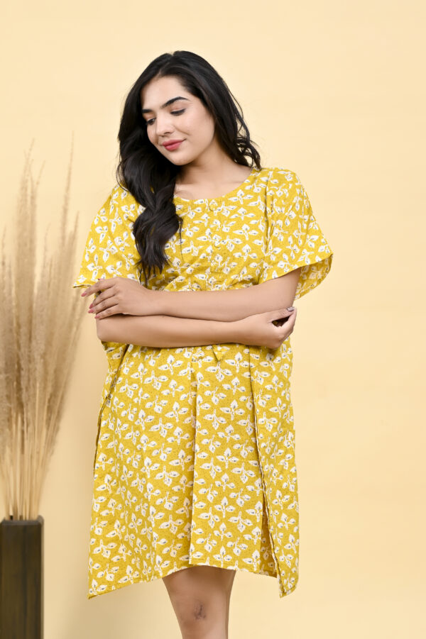Mustard Sunshine: Block Printed Short Ladies Kaftan with Motif Buti Prints