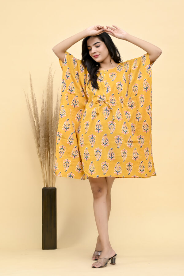 Sunshine Blooms: Block Printed Yellow Buta Prints Short Ladies Kaftan