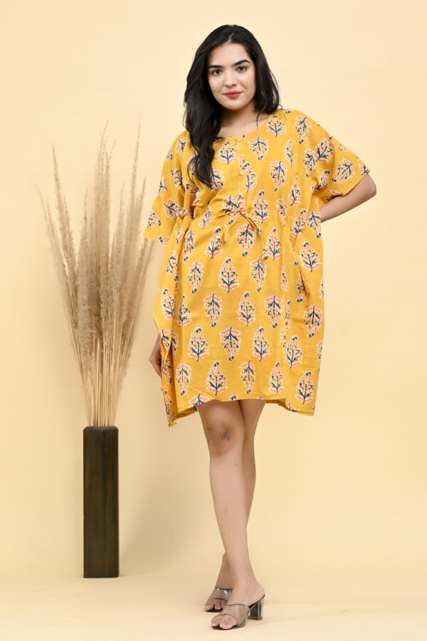Sunshine Blooms: Block Printed Yellow Buta Prints Short Ladies Kaftan