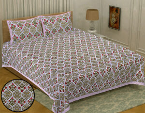 Vibrant Garden: Jaipuri King Size Bedsheet with Geometric Floral Print in Green Multicolor