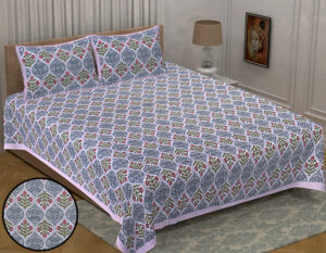 Exquisite Jaipuri King Size Bedsheet: Smoke Blue Multicolor with Geometric Floral Print