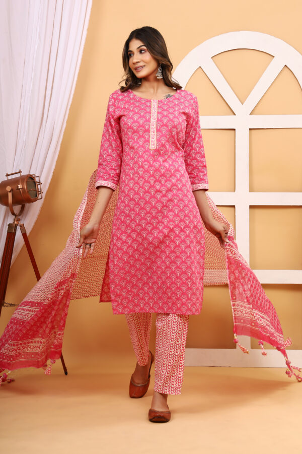 Pink Jaipur Printed Cotton Kurtis with Pant and Dupatta