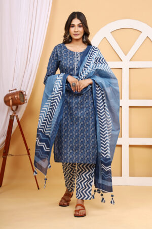 Royal Blue Jaipuri Printed Stitched Kurti set with Dupatta