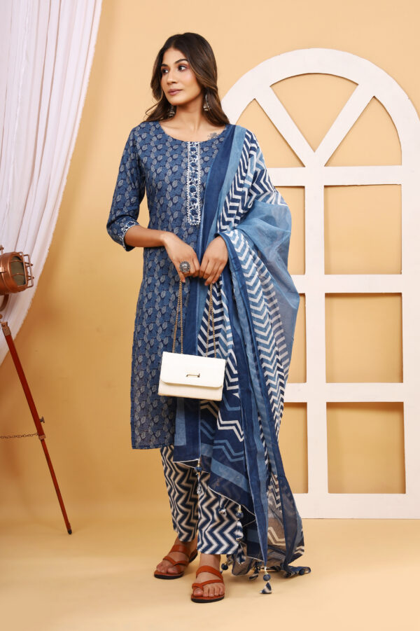 Royal Blue Jaipuri Printed Stitched Kurti set with Dupatta