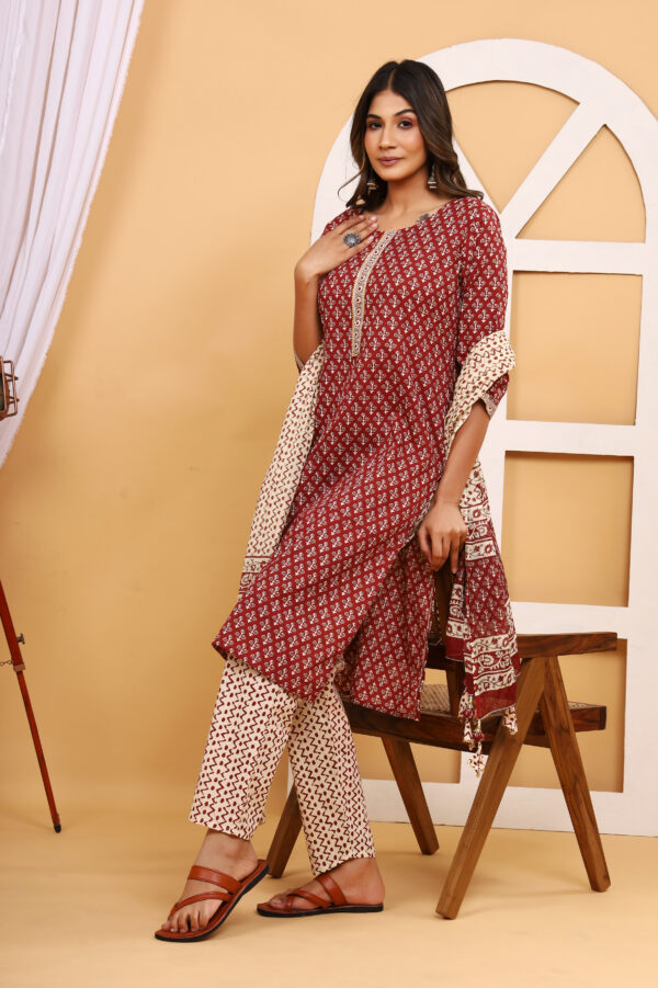 Maroon Bagru Printed Jaipuri Stitched Suits