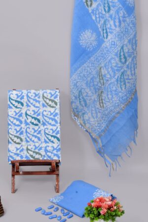 Kota Doria Blue Hand Block Printed Salwaar Suits Material